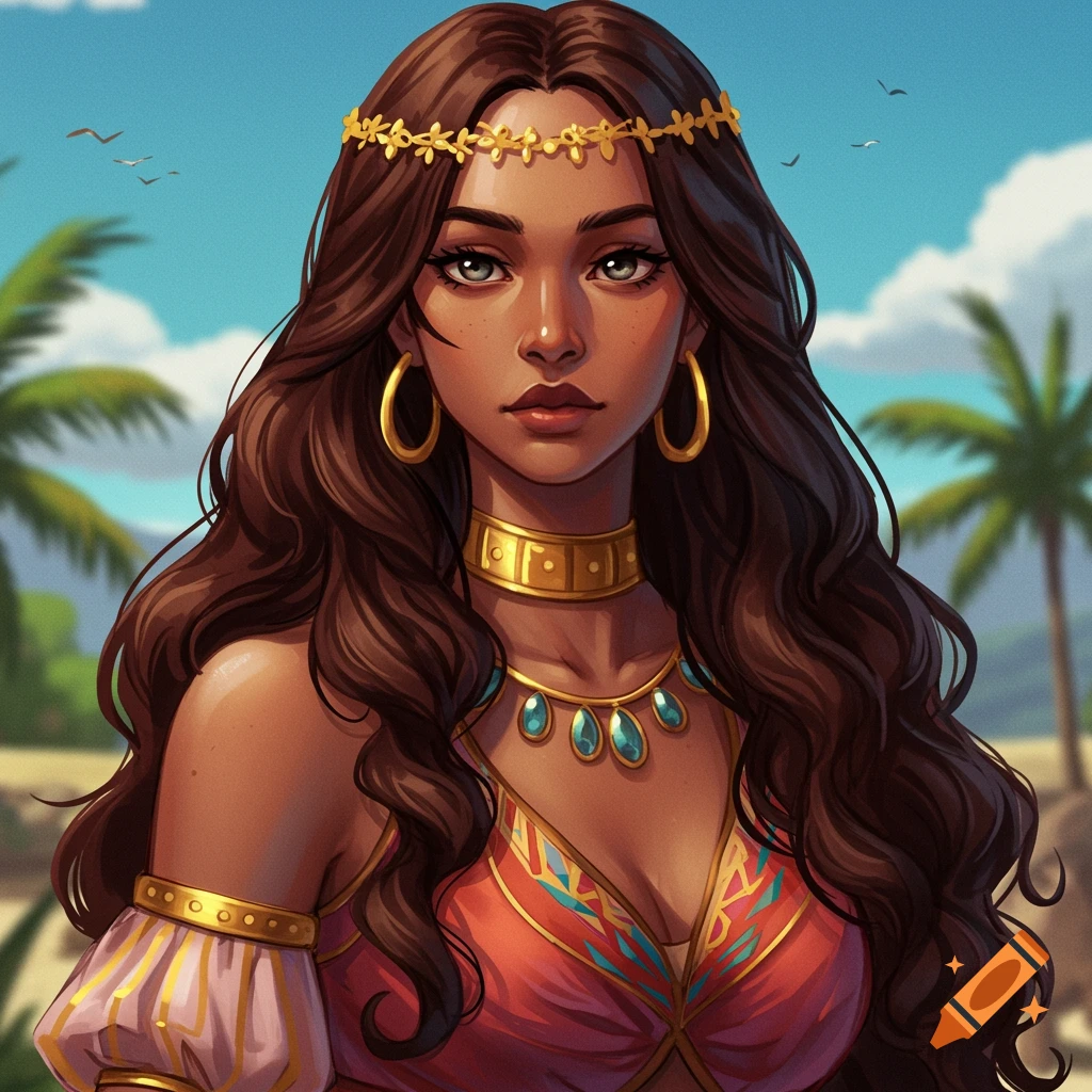 Portrait of a fantasy woman with long brown hair, gold headband, jewelry, and colorful outfit, outdoors with palm trees.