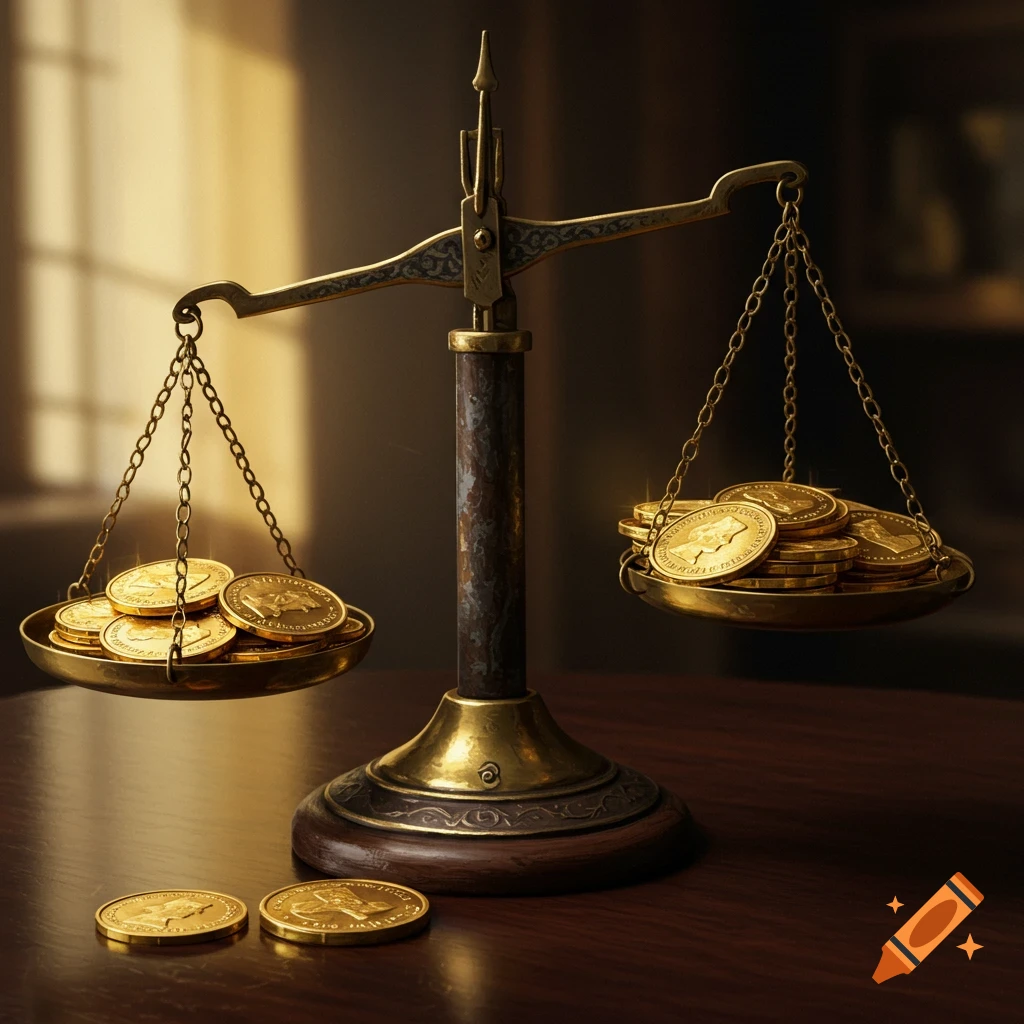 An old-fashioned scale with one pan holding more gold coins than the other, casting shadows on a wooden table.