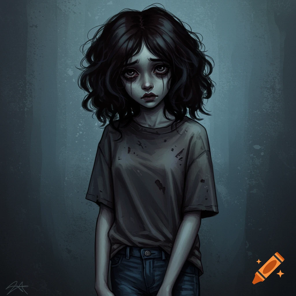 A sad young girl with dark hair and pale skin.
