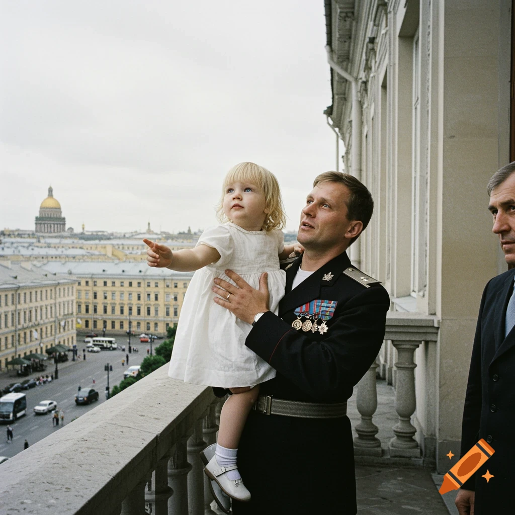 Father in uniform holding child on balcony overlooking St. Petersburg