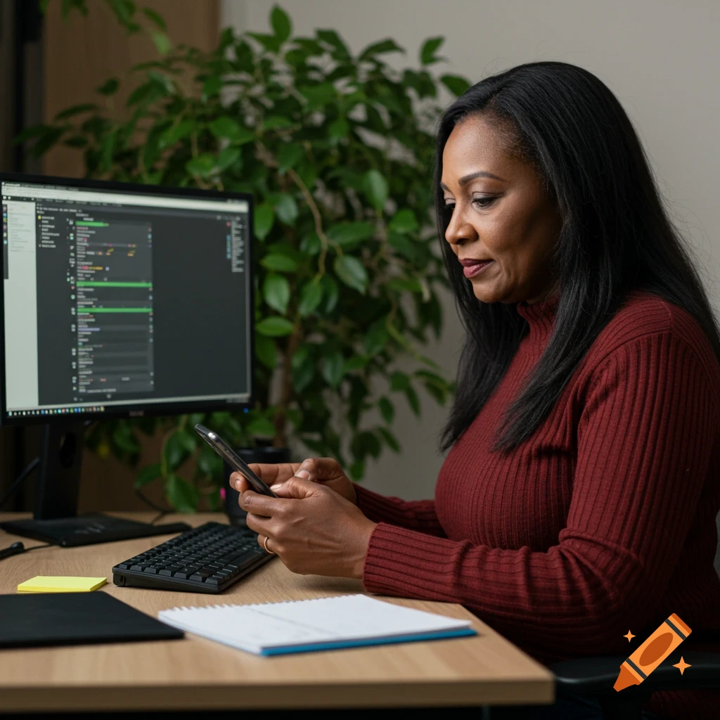 A Black woman sits at a desk looking at her phone, with a computer screen and plant behind her.