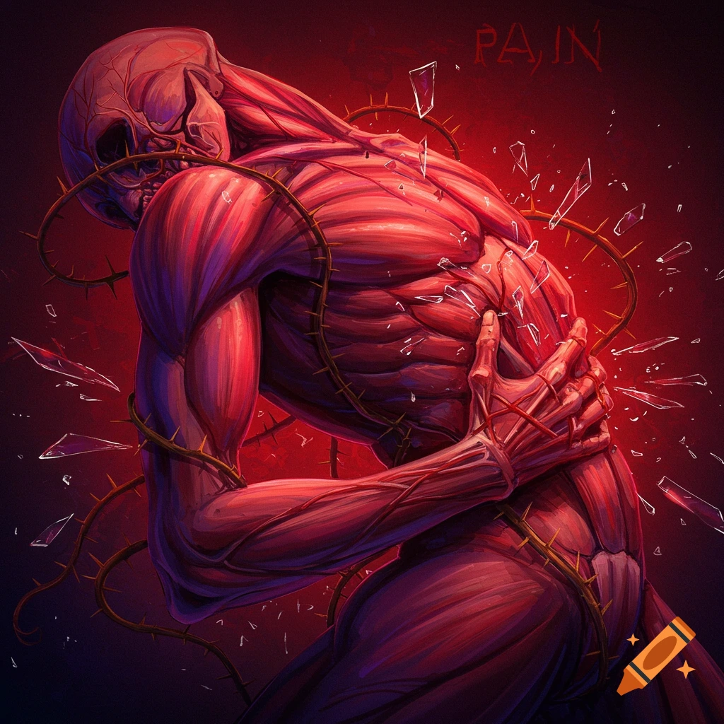 A red muscular figure is wrapped in thorns, clutching its shoulder, surrounded by broken glass shards, with the text 'PAIN'.