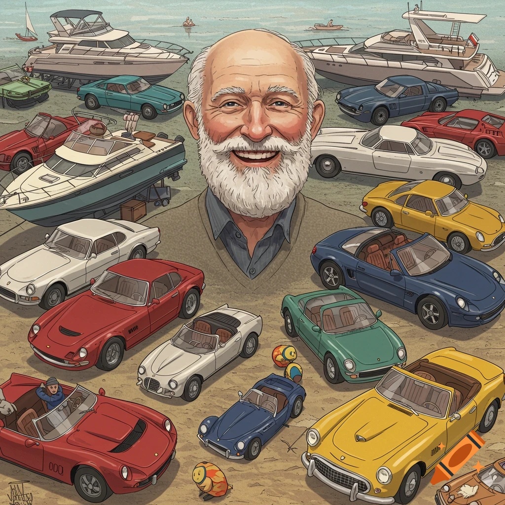 An old man smiling among classic cars and boats