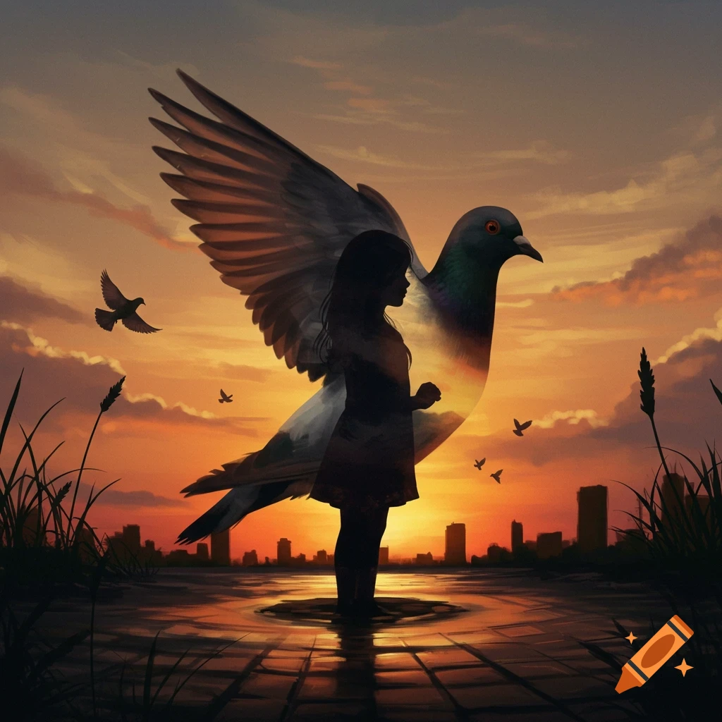 Silhouette of a girl combined with a pigeon against a sunset
