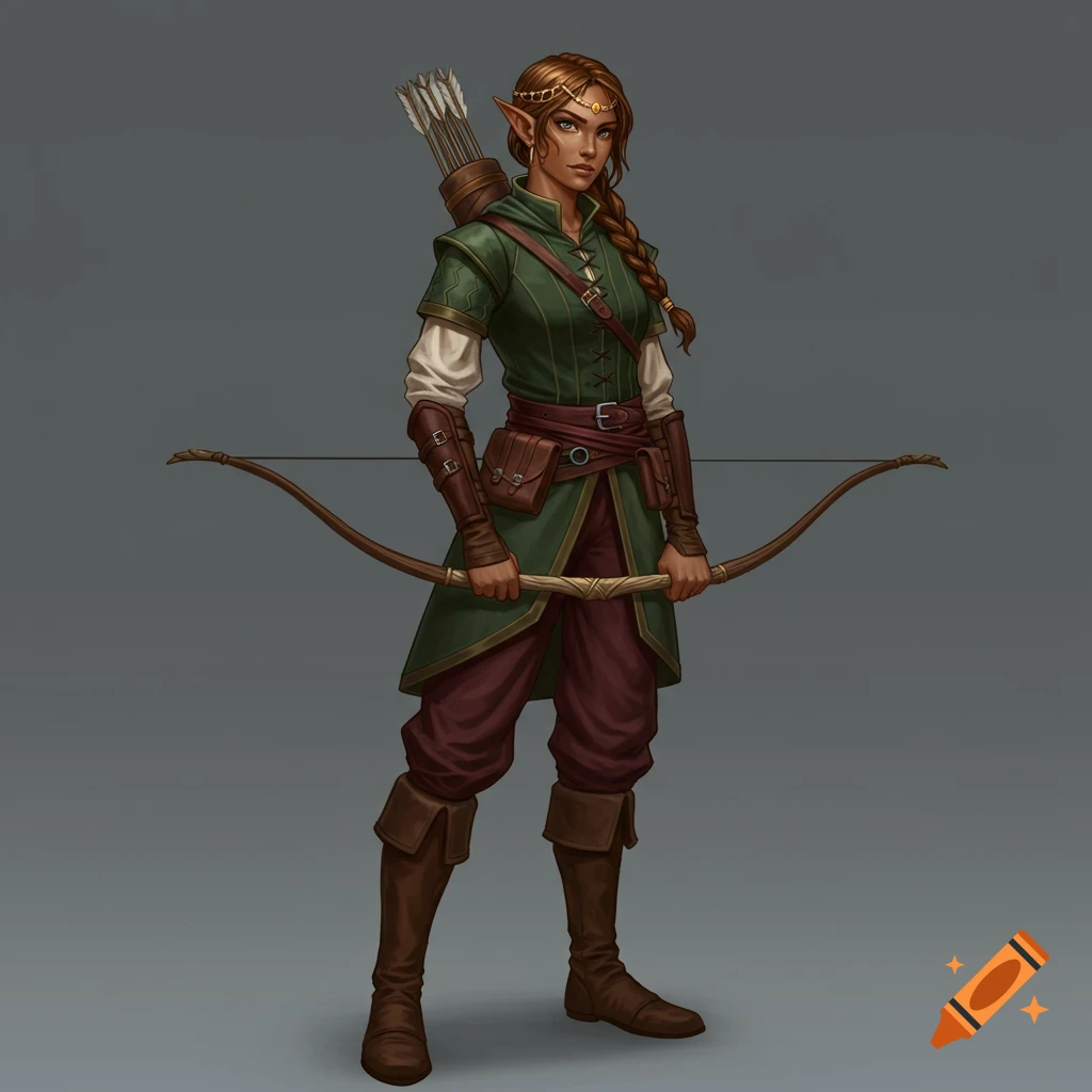 A wood elf ranger with a bow and quiver, wearing green and maroon clothes, with a braid and gold headpiece.
