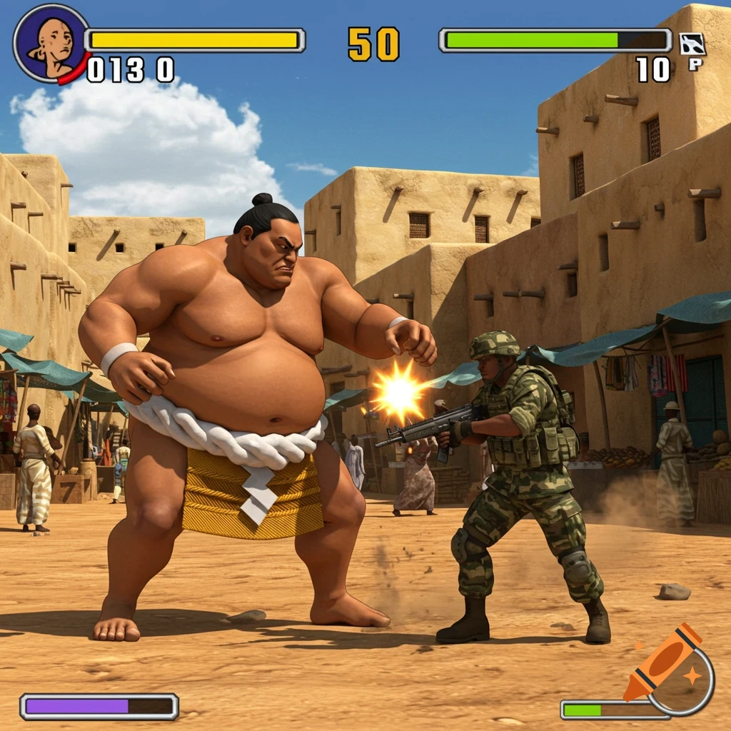 Stylized PS2 fighting game scene of a sumo wrestler battling a soldier in a marketplace.