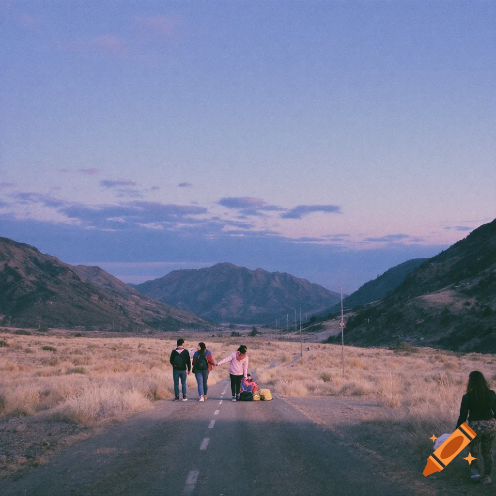 A group of people and a single person walk on a road through a mountainous valley at dusk, photo.