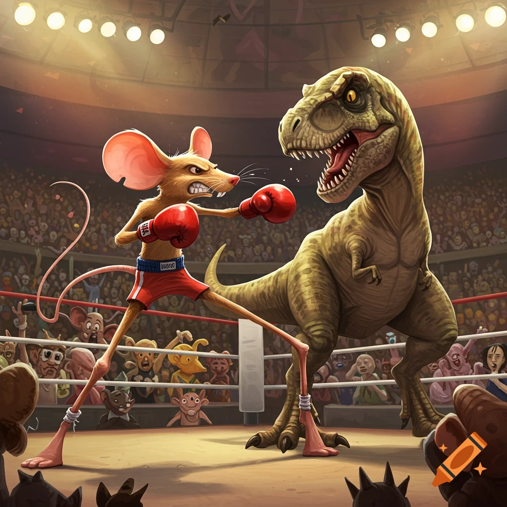 A cartoon mouse is boxing a T-Rex in a boxing ring.