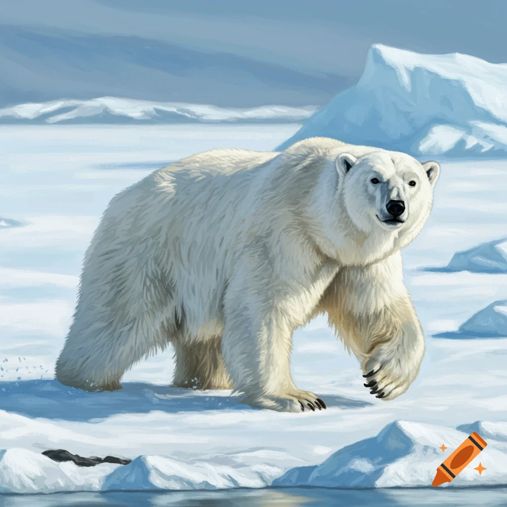 A polar bear walks on snowy ice in the Arctic.