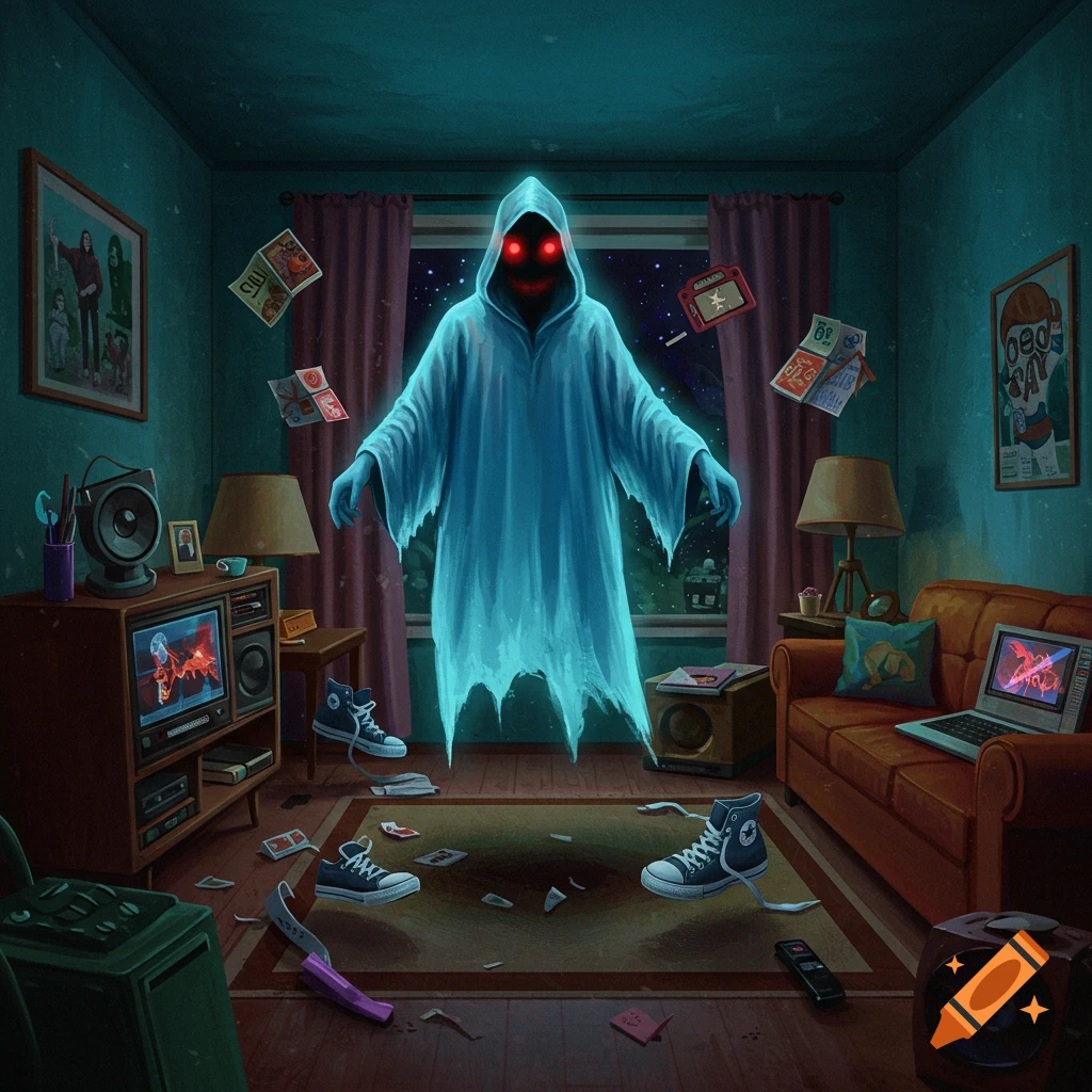 A glowing blue poltergeist with red eyes in a retro living room with floating objects and walking sneakers.