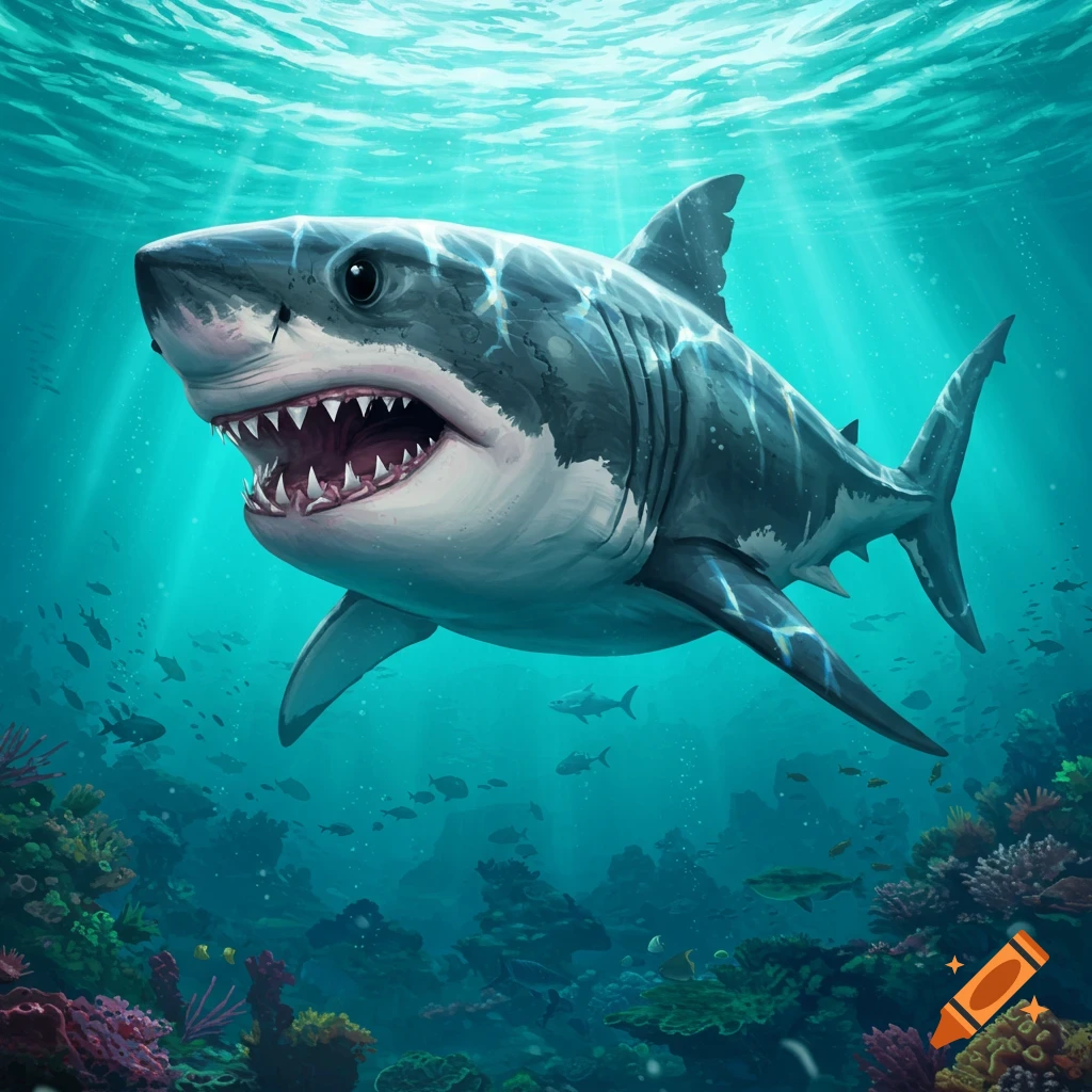 A close-up of a shark swimming over a coral reef with sunlight filtering through the water.