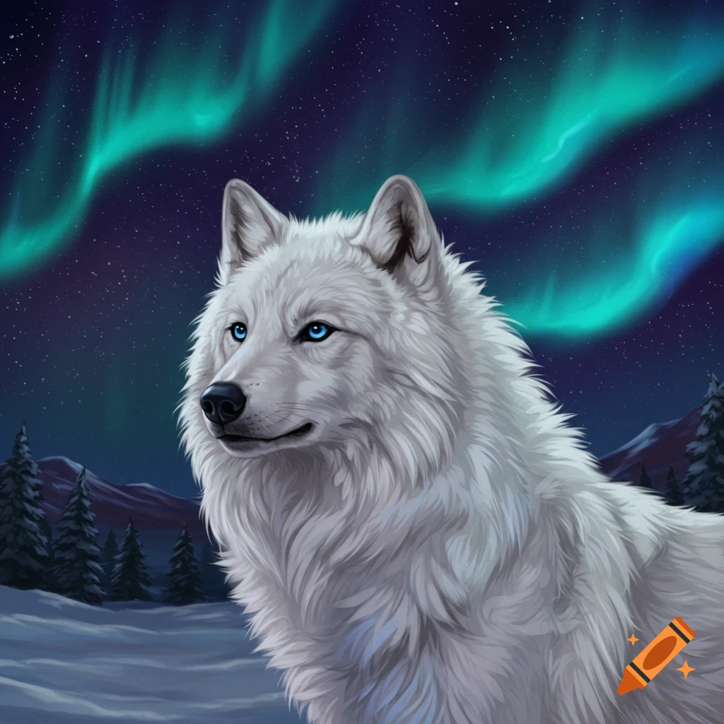 A white wolf with blue eyes sits in snow with evergreen trees and mountains under the aurora borealis at night.