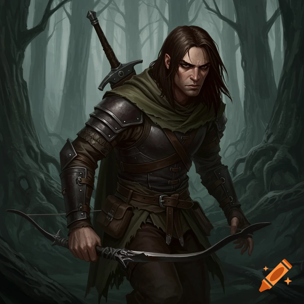 A dark fantasy ranger stands in a shadowy forest holding a bow.