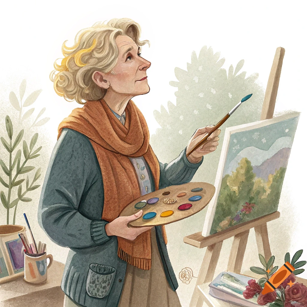 An older blonde woman paints at an easel in a watercolor illustration style.