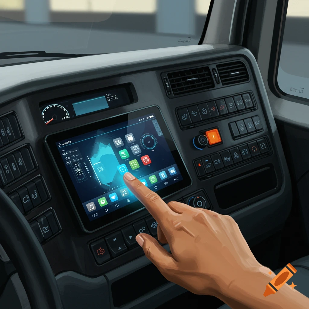 A hand touches a smart device screen on a truck dashboard.