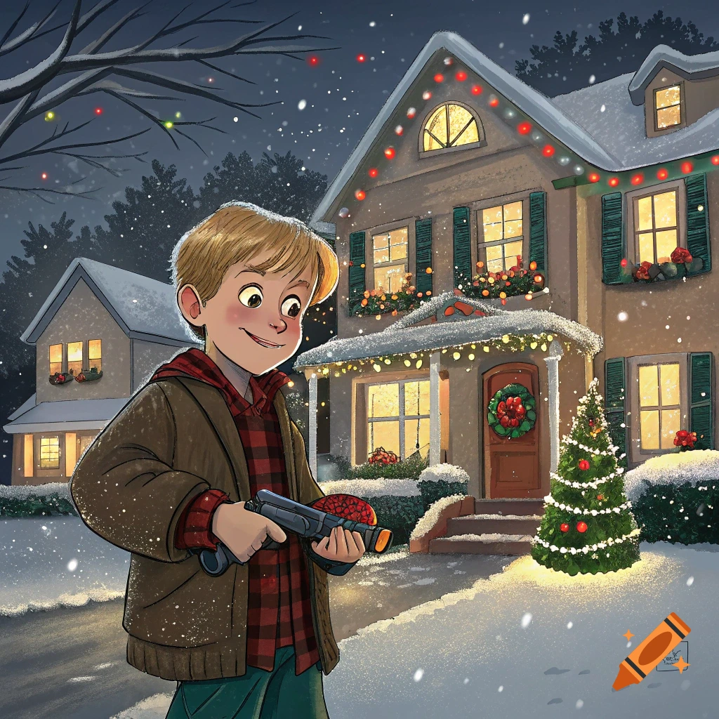 Boy stands in snow holding a toy gun in front of a Christmas-decorated house