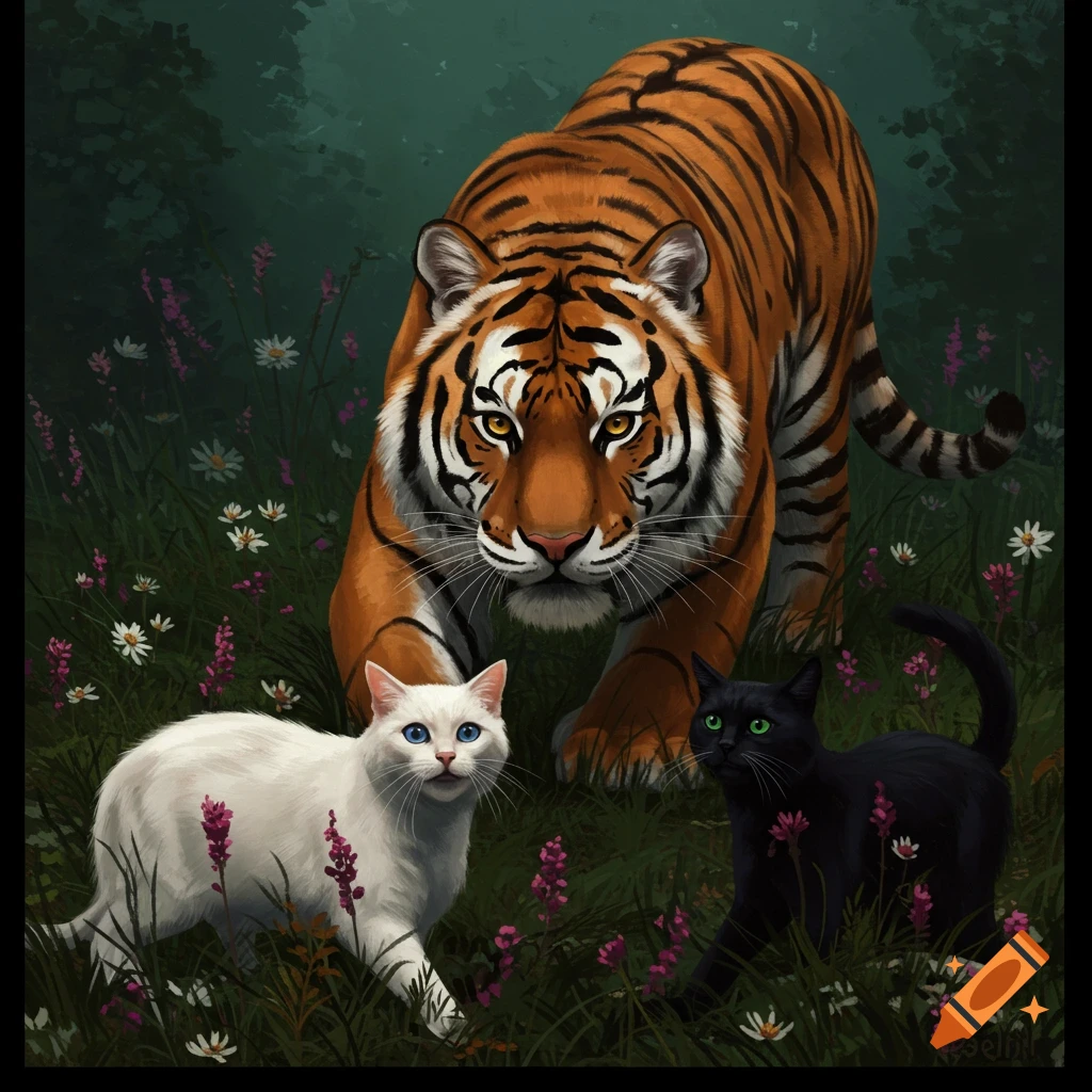 A tiger behind a white cat and black cat in a grassy field.