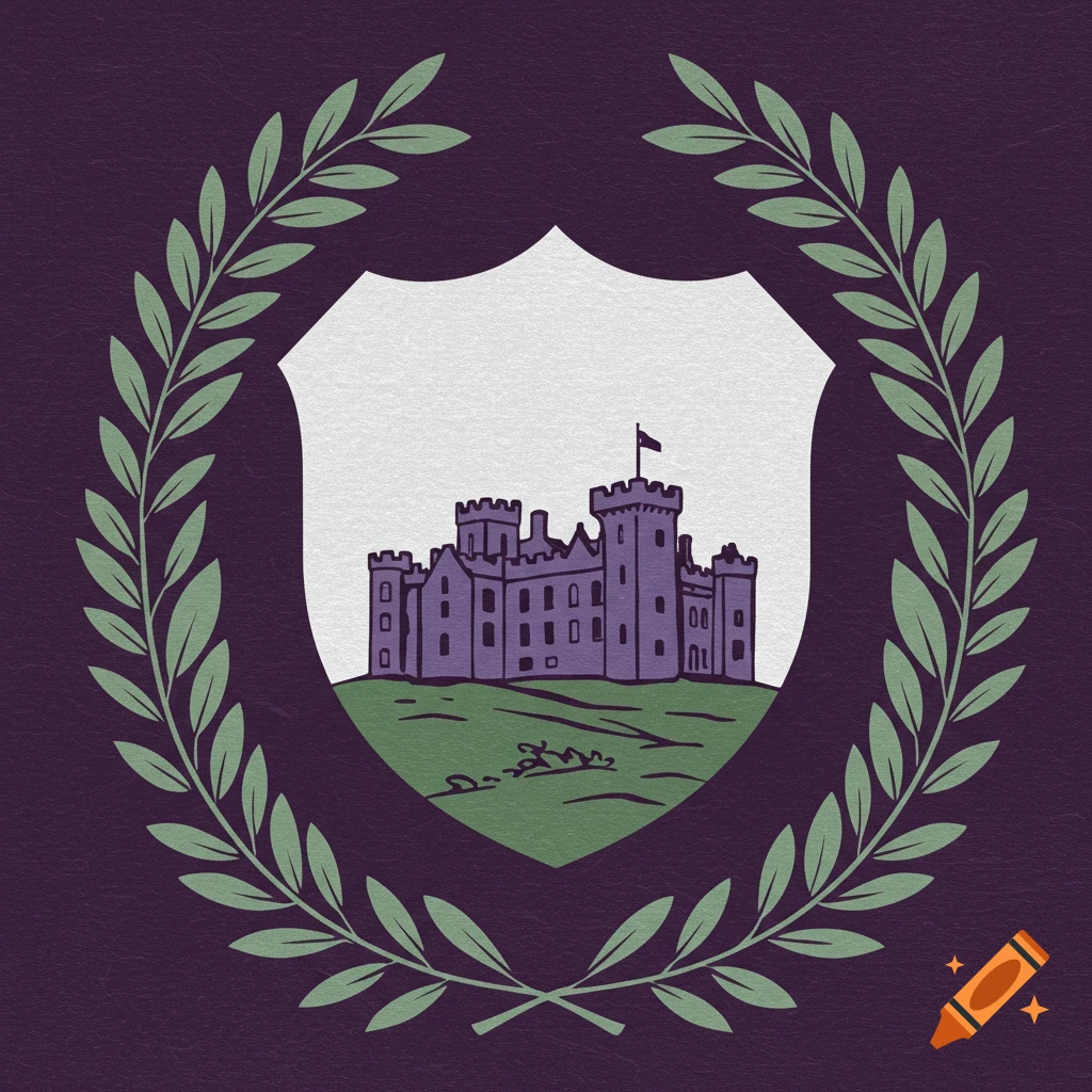 An illustration of a shield emblem with a purple castle, green hill, and olive branches on a purple background.