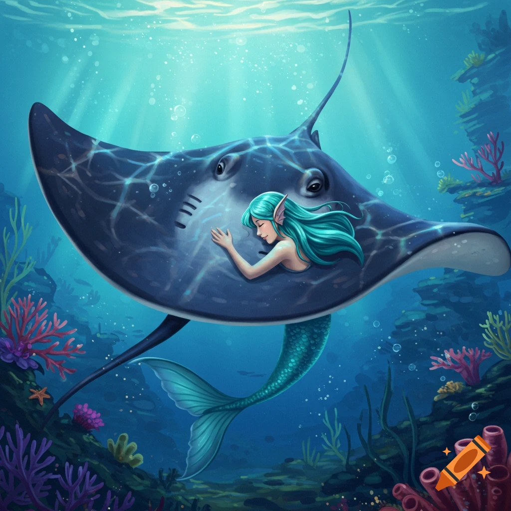 A mermaid hugs a large manta ray underwater among coral.