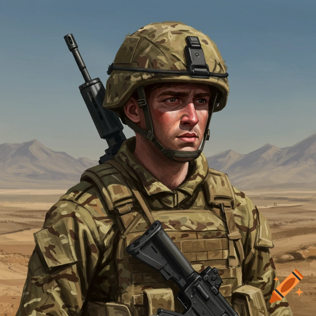Portrait of a British soldier in uniform with rifle in a desert landscape.