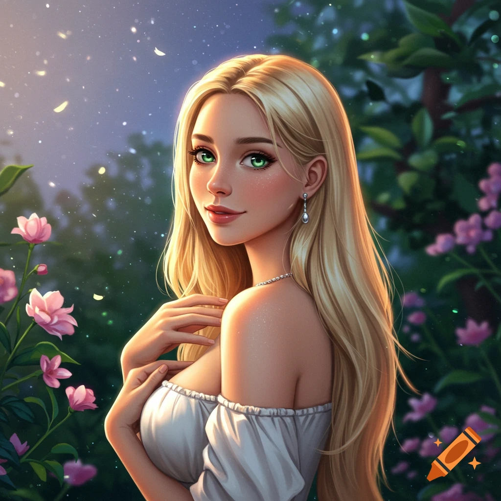 Digital art portrait of a blonde woman with green eyes in a moonlit garden.