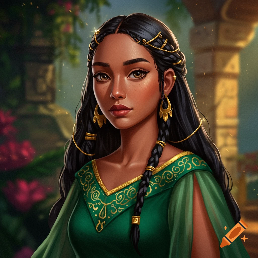 A woman in a green and gold dress and jewelry is in a fantasy setting.