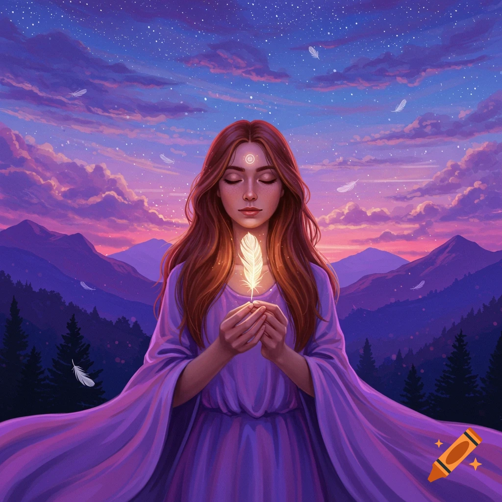 A woman holds a glowing feather in a mountain landscape under a starry, colorful sky.