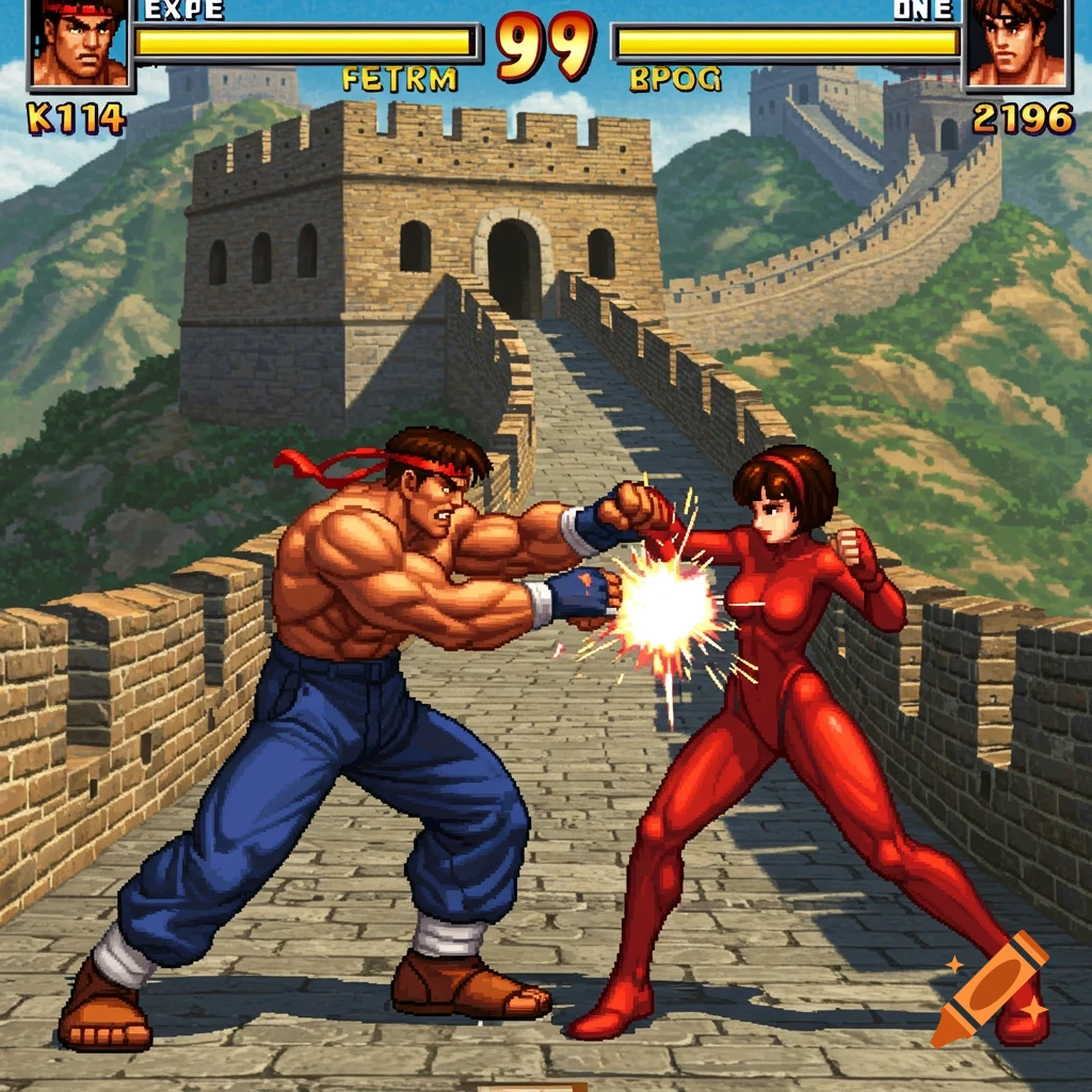 Pixel art fighting game scene with two characters battling on the Great Wall of China.