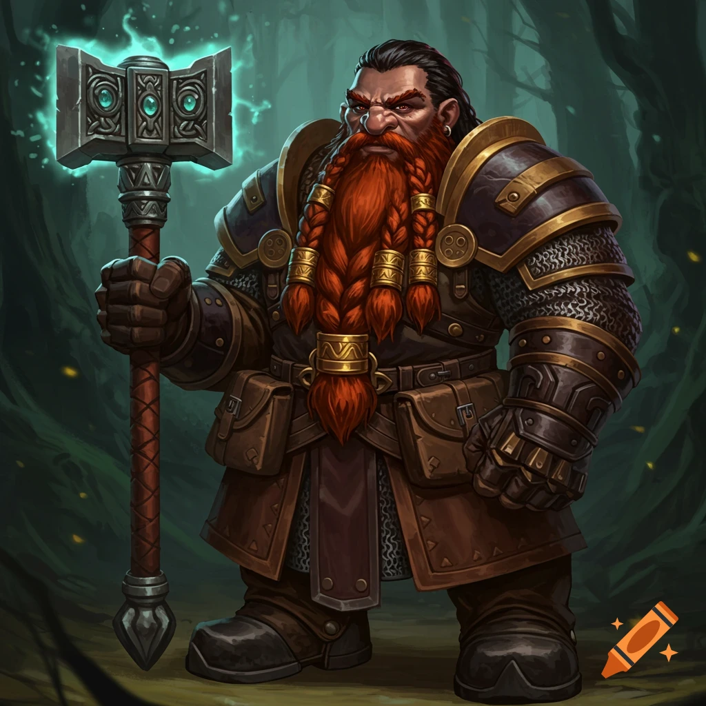 A dwarf cleric with a red beard and black hair stands in a forest, clad in armor and holding a glowing hammer.