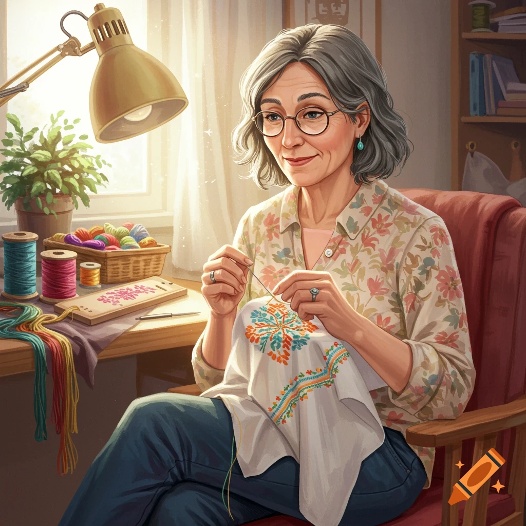 An older woman with glasses is doing embroidery, surrounded by threads and supplies.