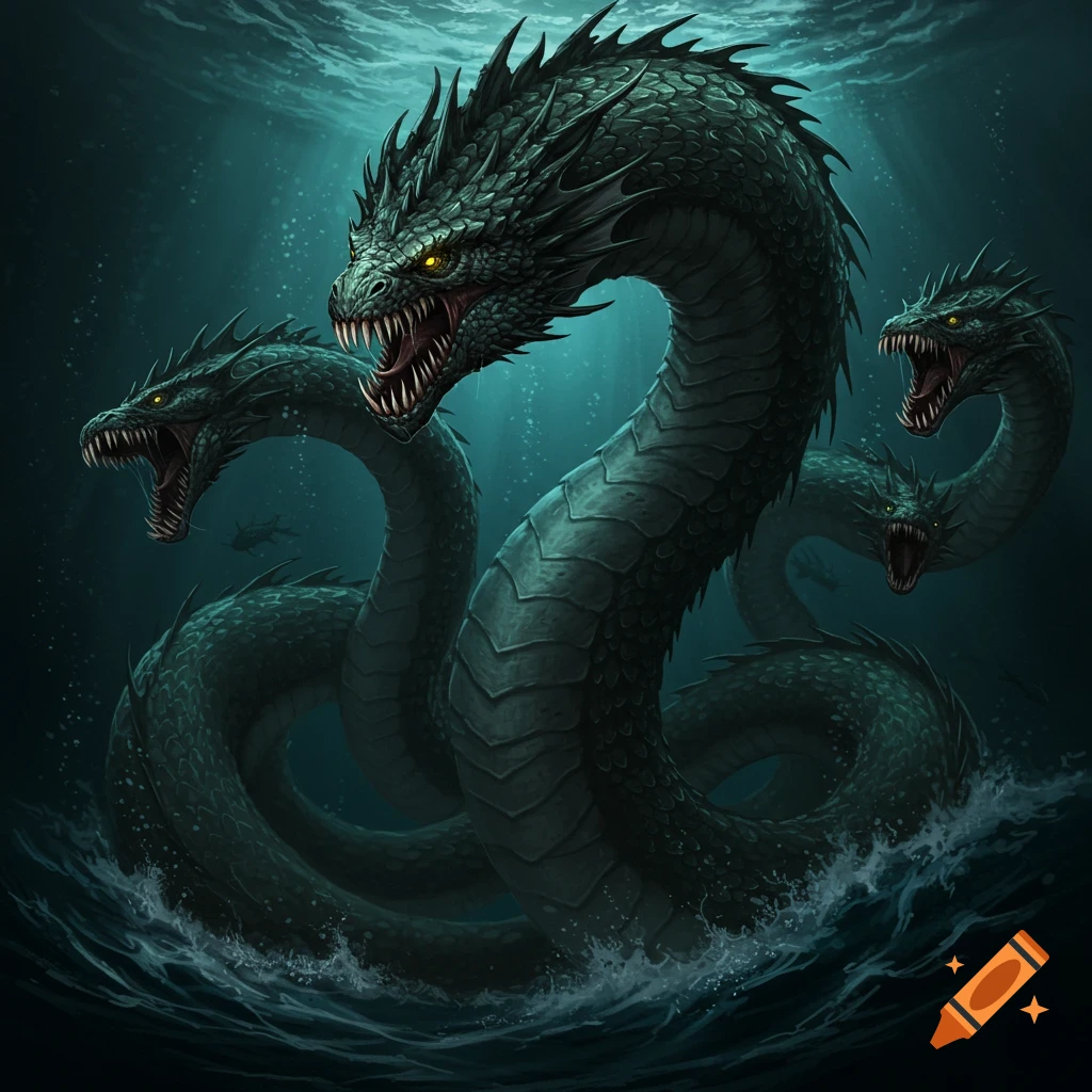 A multi-headed sea monster is rising from dark water.