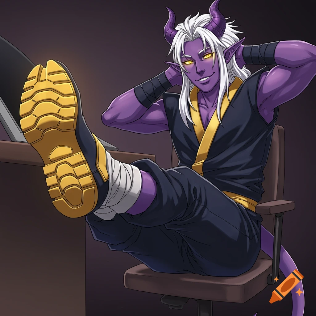 Anime illustration of a purple-skinned male tiefling with white hair and yellow eyes, sitting with feet on a desk, wearing ninja clothes.