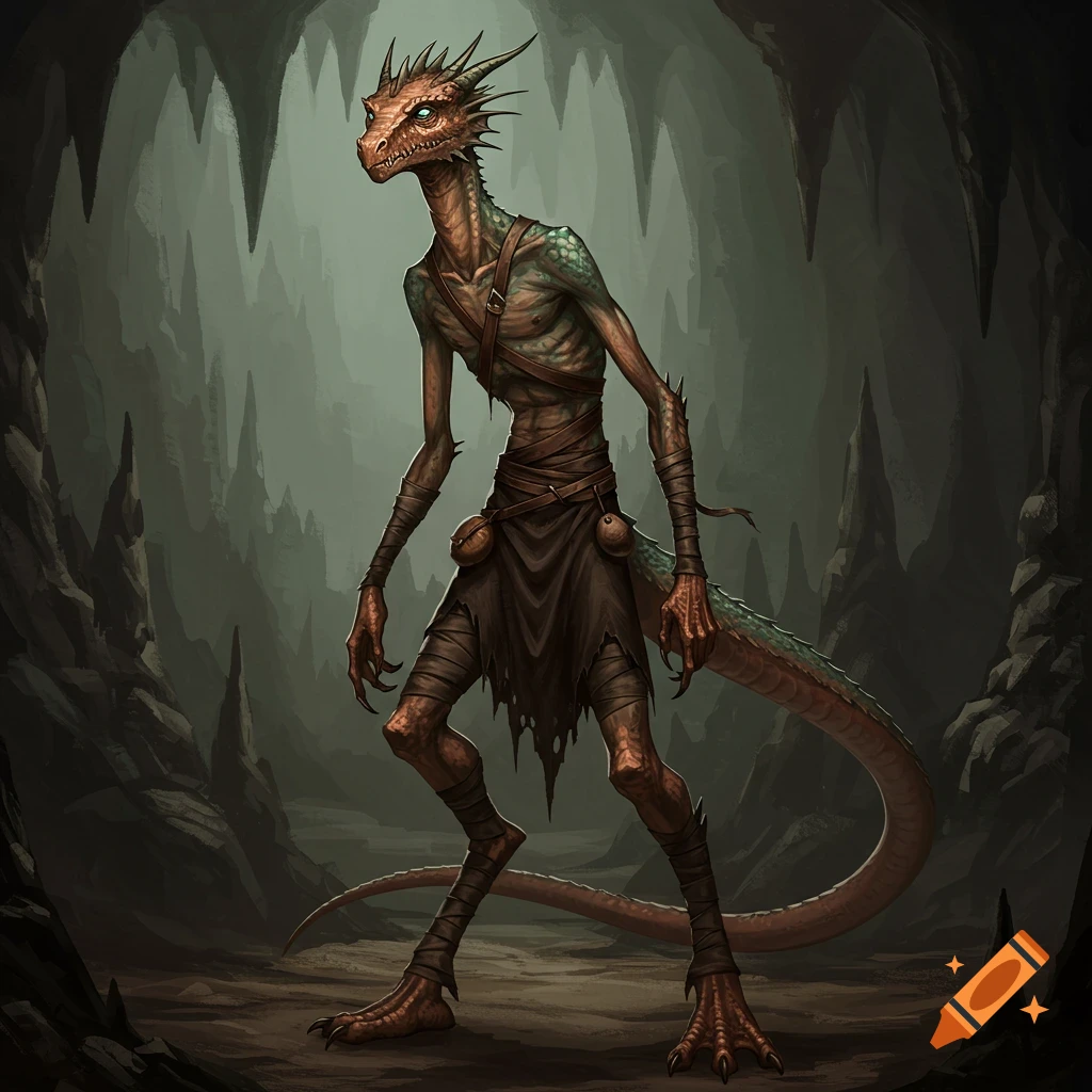 A lanky reptilian creature with green scales and horns stands in a cave.