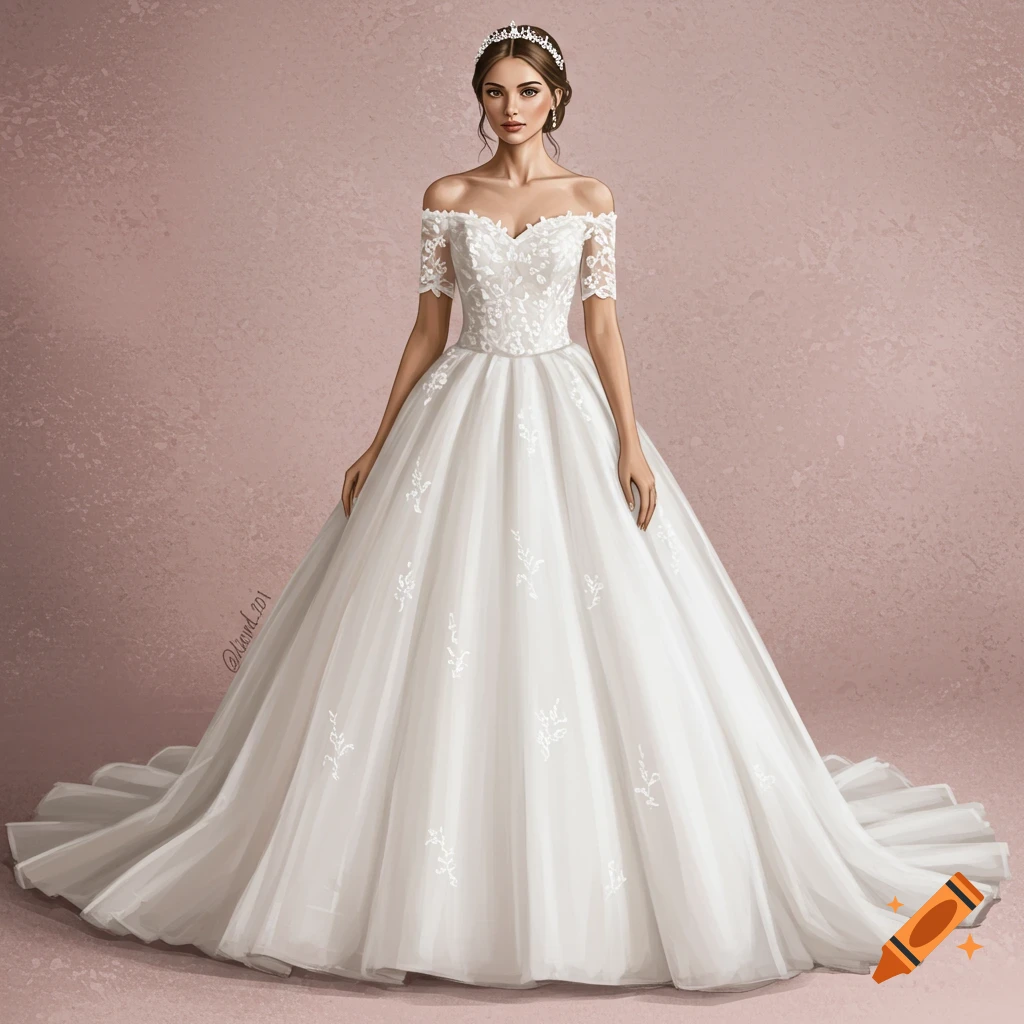 A woman in a white off-the-shoulder wedding dress with lace details and a full skirt.