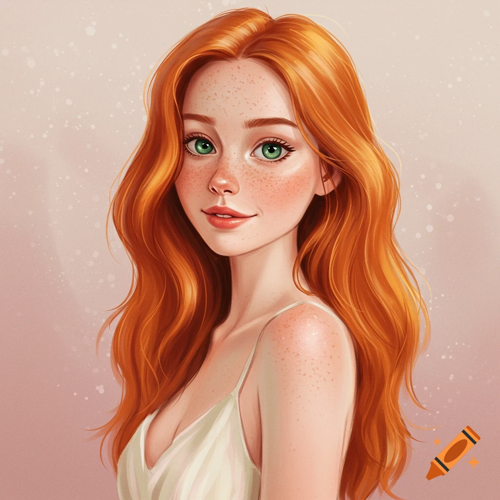 A young woman with red hair and green eyes, smiling slightly.