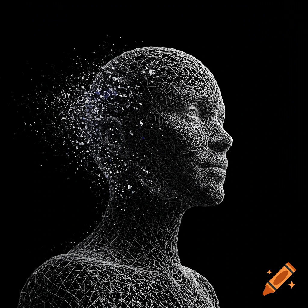 Wireframe human head and shoulders dissolving into particles against a black background