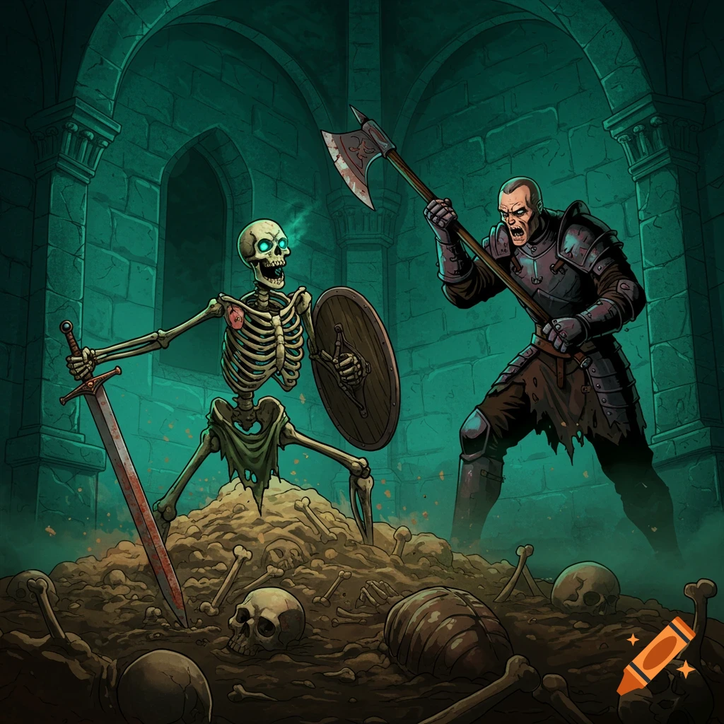 A skeleton is fighting a warrior in a dungeon filled with bones and skulls.