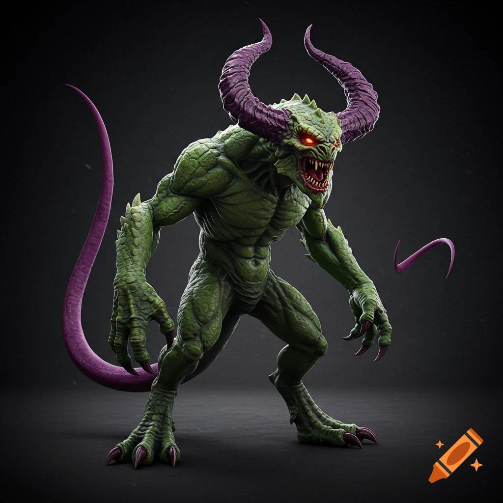 A green monster with purple horns, red eyes, sharp teeth, and a long purple tail.