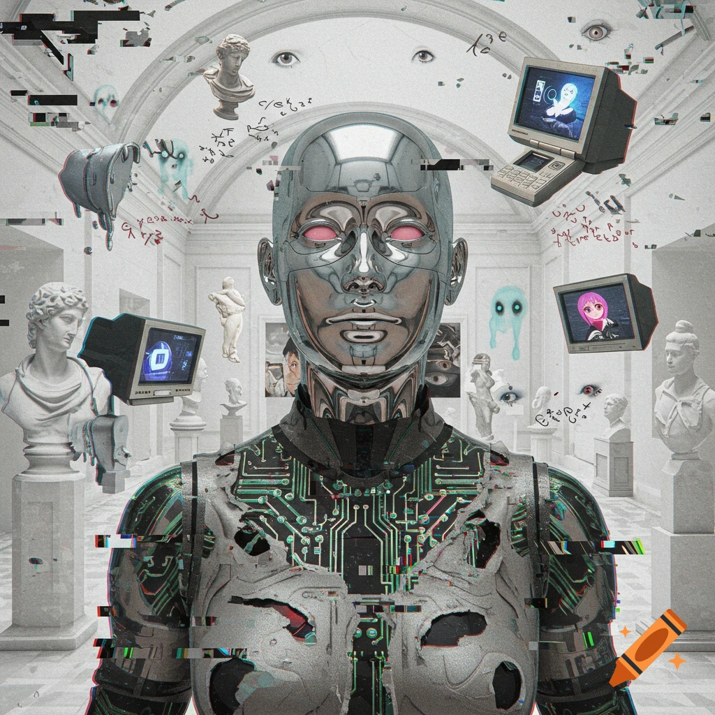 Surreal digital art of a chrome robot in a museum with statues and floating glitchy monitors.