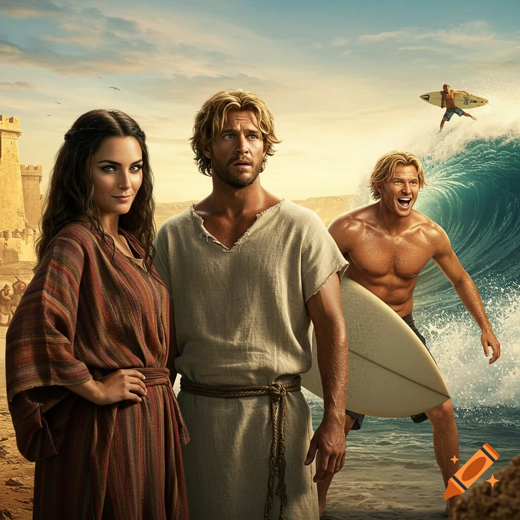 A woman and two men on a beach, one holding a surfboard and another surfing a wave. Ancient building in background. Digital art.