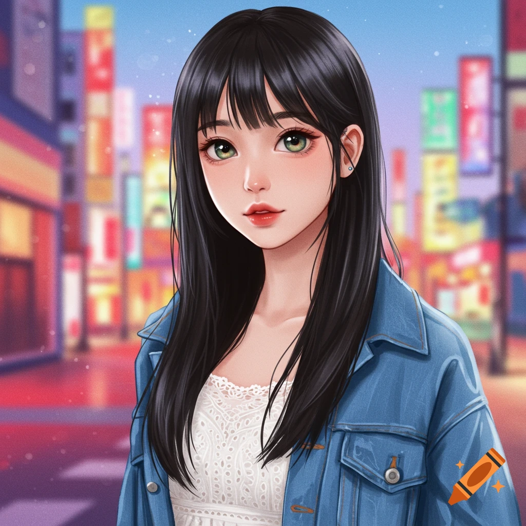 A drawing of a girl with black hair and green eyes wearing a denim jacket and white top against a blurred city background in anime style.