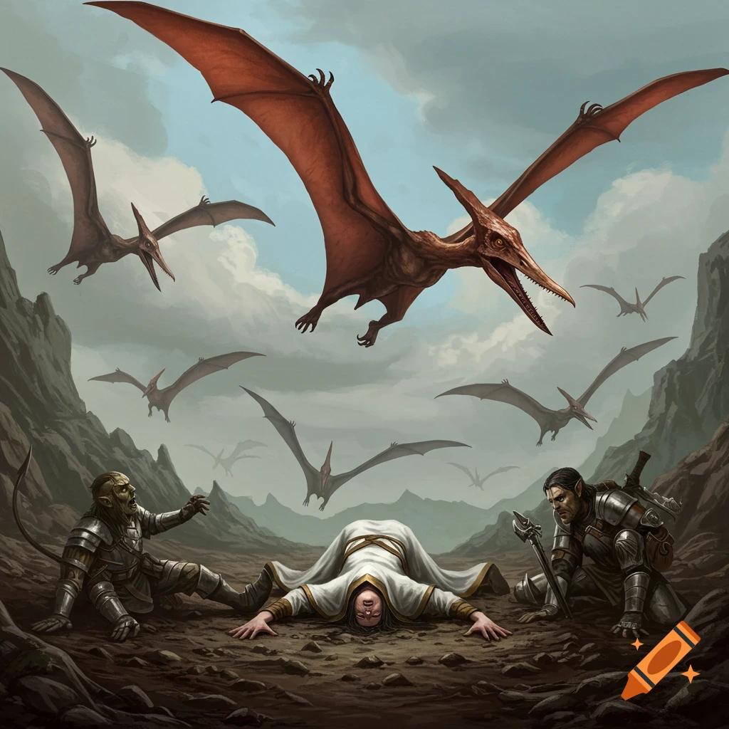 Pterodactyls fly over fantasy characters in a rocky landscape.