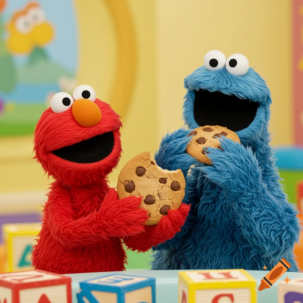 Elmo and Cookie Monster eating chocolate chip cookies near play blocks.