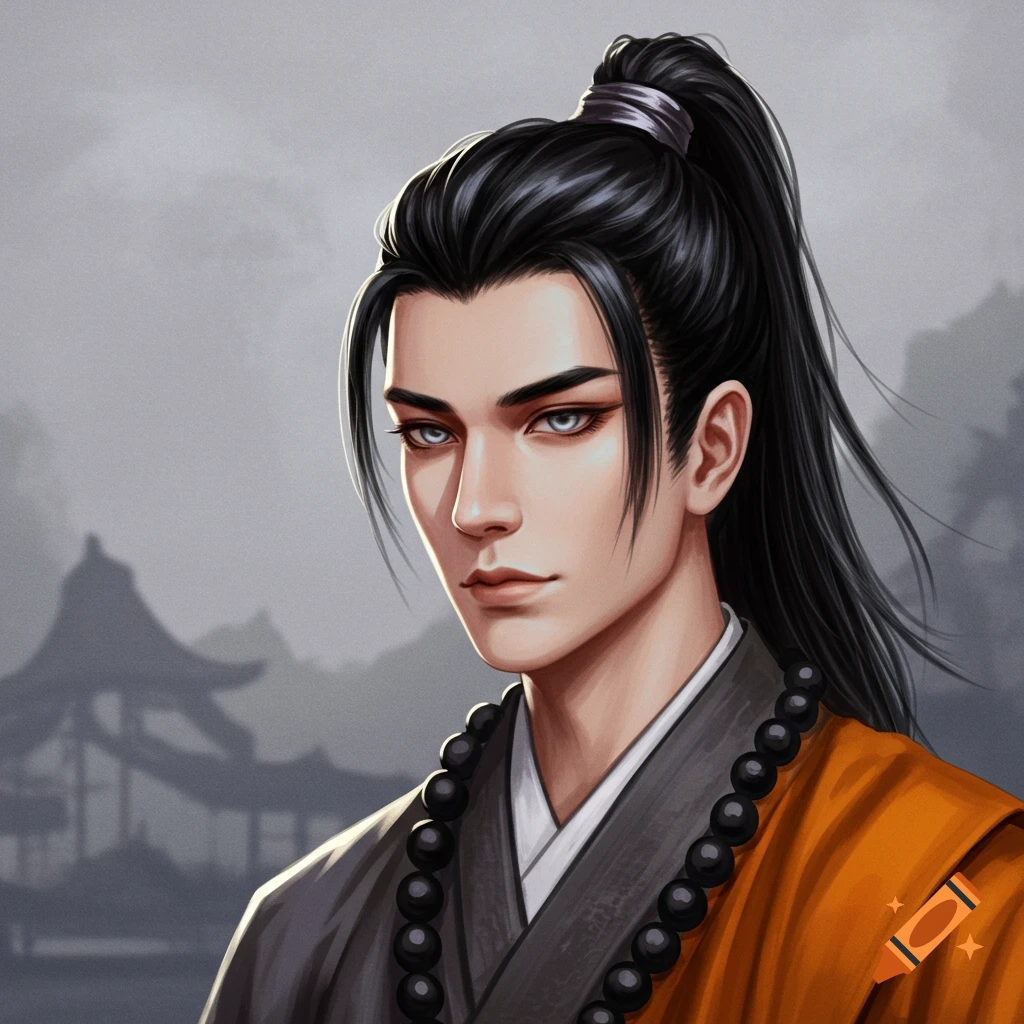 Portrait of a young man in ancient Chinese monk robes with black hair in a ponytail and grey eyes.