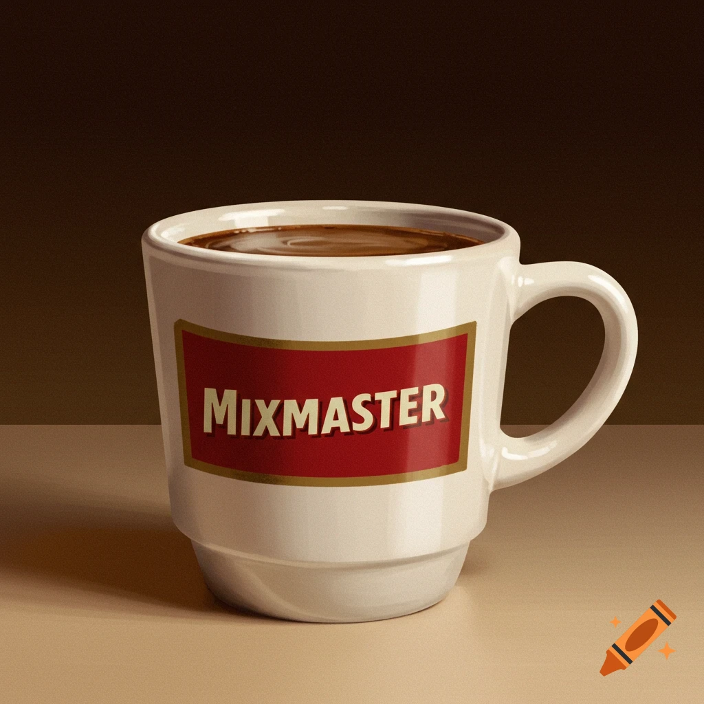 A white coffee cup with a red label that says 'MIXMASTER'