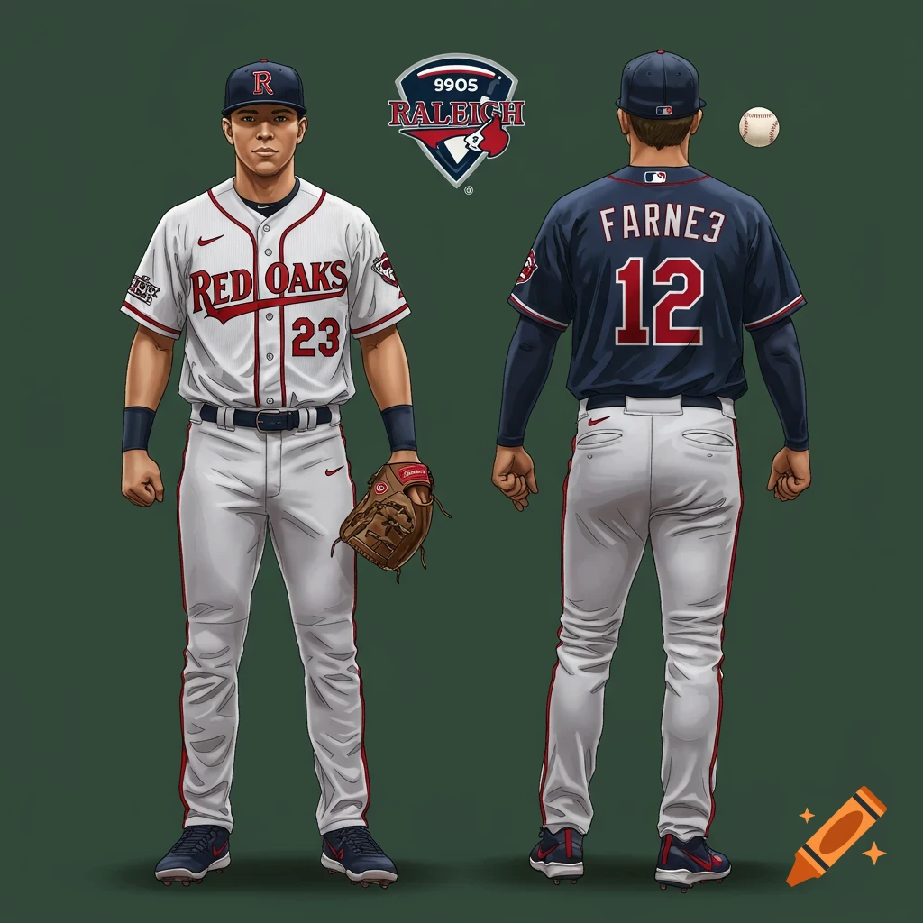Illustrations of baseball players in white and navy uniforms, with team logo and baseball.