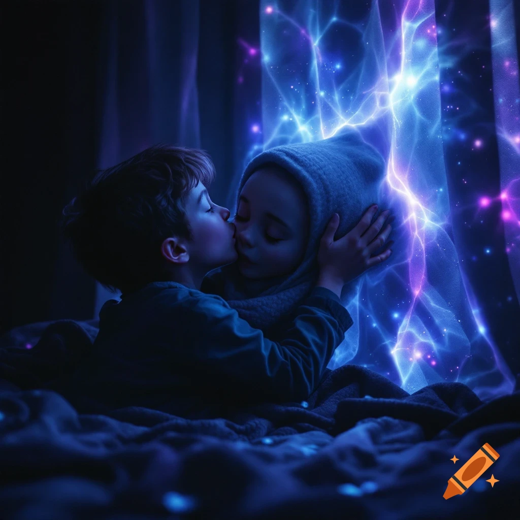 Two children hug, one kissing the other's hooded head, surrounded by glowing blue and purple light.