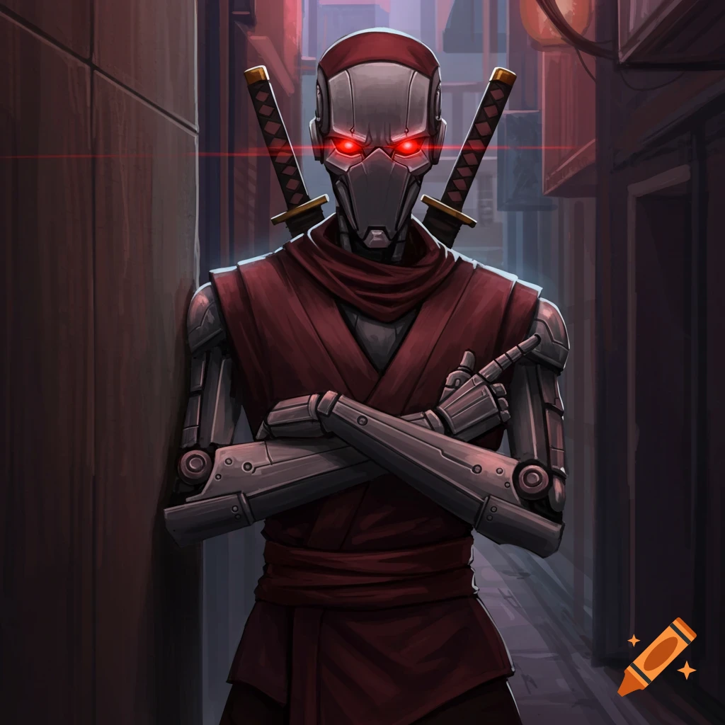 A robot ninja in a red outfit leaning against a wall in a back alley with glowing red eyes.