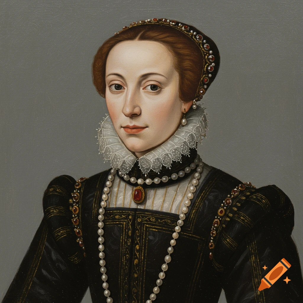 Oil painting portrait of a woman in a 1530s black dress with a white ruff, pearls, and a jeweled headband.