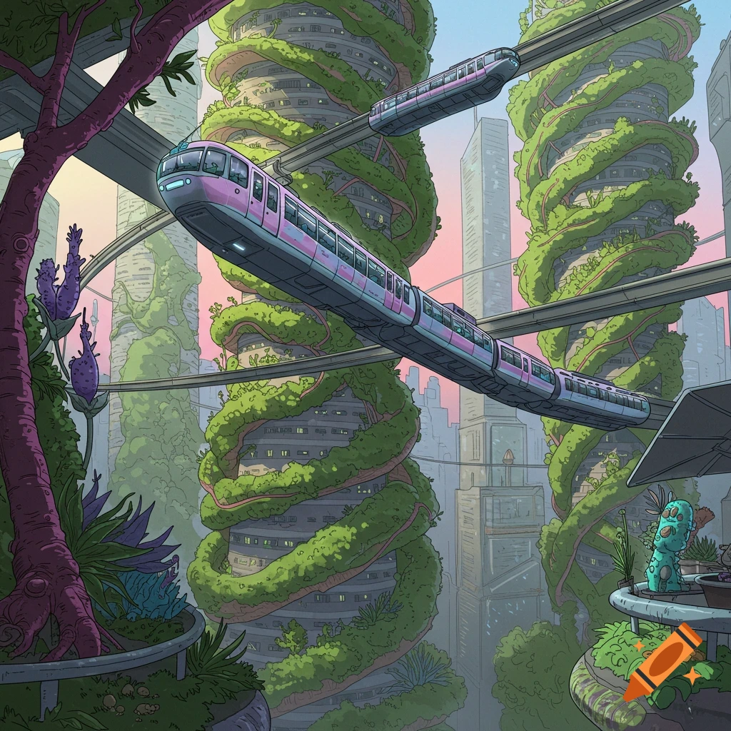 A futuristic city with vine-covered buildings, elevated pink trains, and lush vegetation